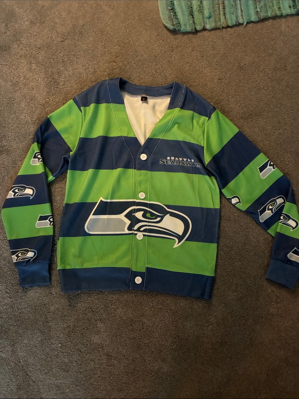 Seattle Seahawks Striped Logo Cardigan - Navy & Neon Green